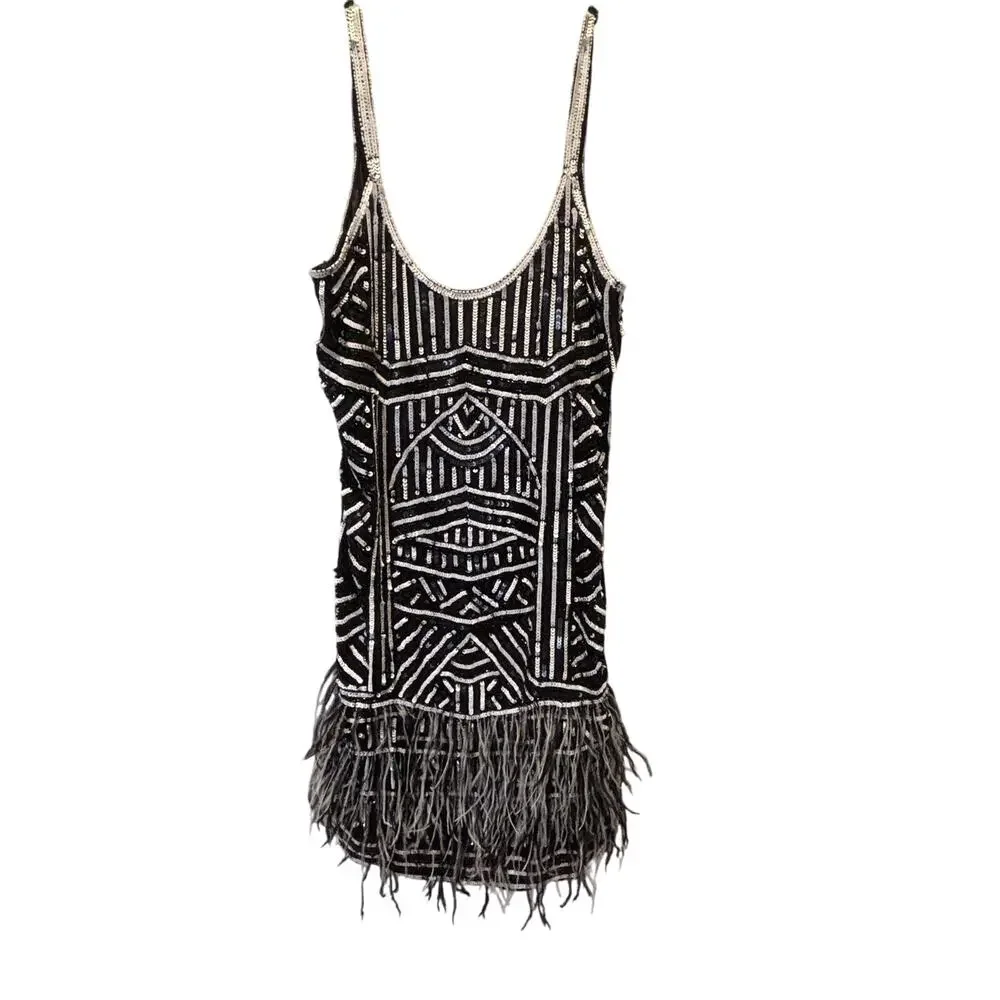 Parker Hayden Beaded Sequin Geometric Feather 100% Silk Dress Size Medium - Picture 4 of 6